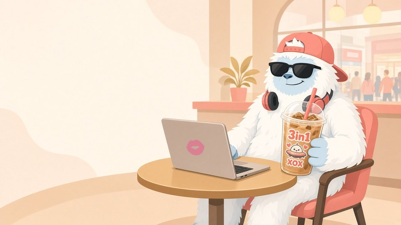 Yetty cu șapcă, căști și un iced coffee 3in1, la laptop în cafeneaua de la mall