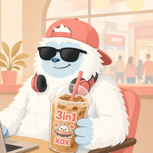 Yetty cu șapcă și ochelari de soare, cu un iced coffee în mână
